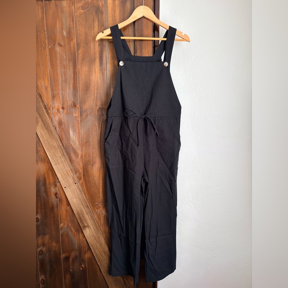 Button Strap Black Cropped Overalls Jumpsuit - image 2
